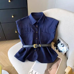 ウエストベルトノースリーブシャツトップス