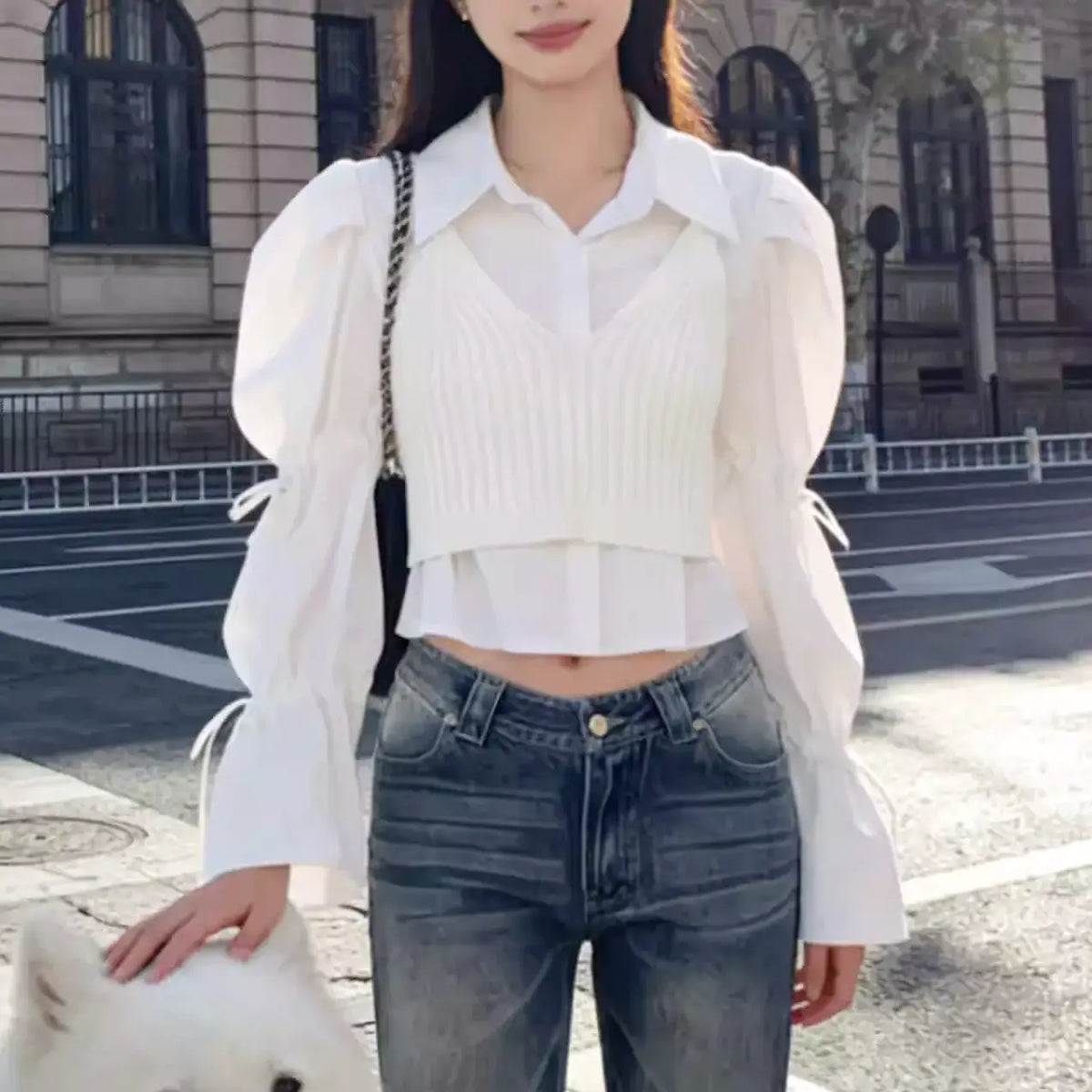 レイヤードリブニットシャツトップス