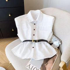 ウエストベルトノースリーブシャツトップス