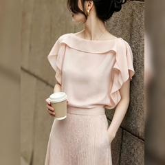 ワイドカラー ドレープスリーブ ゆったりシルエット レディース 半袖ブラウス トップス