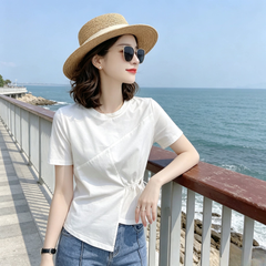 アシンメトリー切替 ドローストリングウエスト レディース 半袖Ｔシャツ トップス