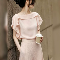 ワイドカラー ドレープスリーブ ゆったりシルエット レディース 半袖ブラウス トップス