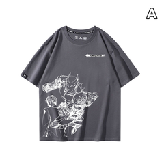 スタンド使い イラスト トップス モノクロラインアート アシンメトリープリントデザイン ユニセックス 半袖 Ｔシャツ