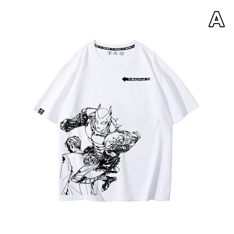 スタンド使い イラスト トップス モノクロラインアート アシンメトリープリントデザイン ユニセックス 半袖 Ｔシャツ