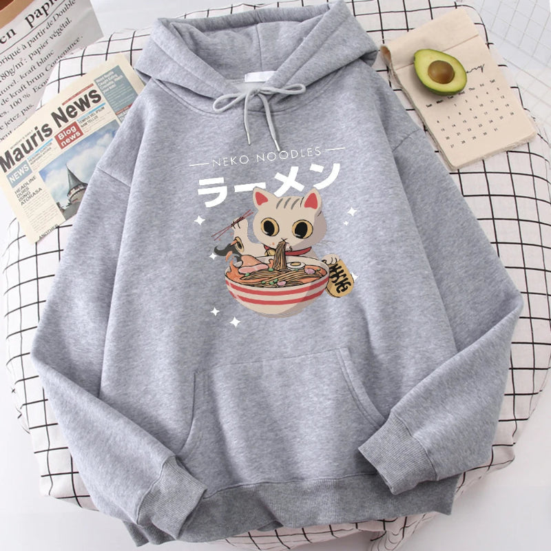 【薄手・裏起毛から選べる】キャラクター アニメ風 トップス ラーメン猫 ユニセックス 長袖 パーカー