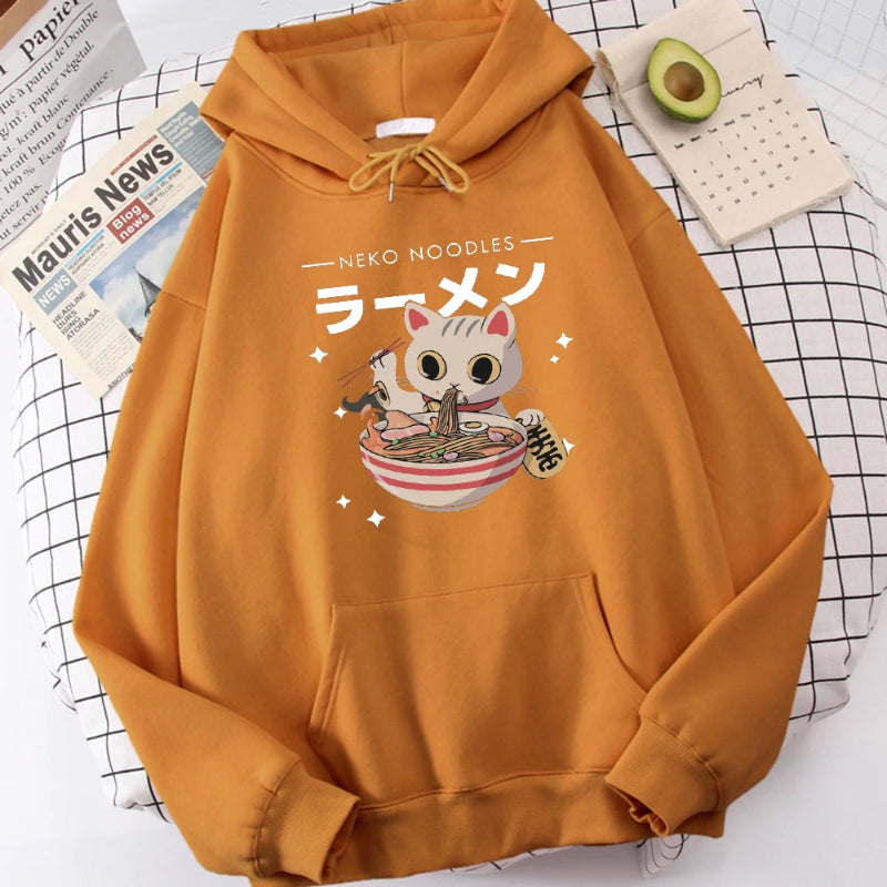 【薄手・裏起毛から選べる】キャラクター アニメ風 トップス ラーメン猫 ユニセックス 長袖 パーカー