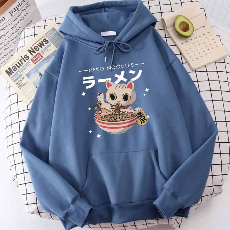 【薄手・裏起毛から選べる】キャラクター アニメ風 トップス ラーメン猫 ユニセックス 長袖 パーカー