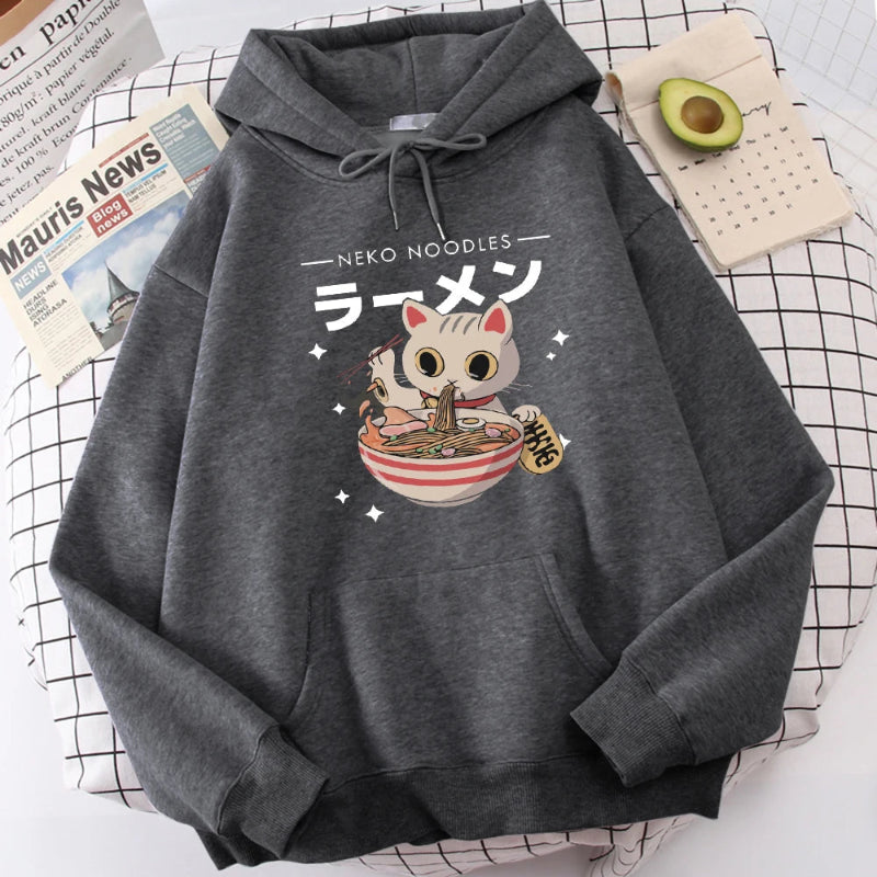 【薄手・裏起毛から選べる】キャラクター アニメ風 トップス ラーメン猫 ユニセックス 長袖 パーカー
