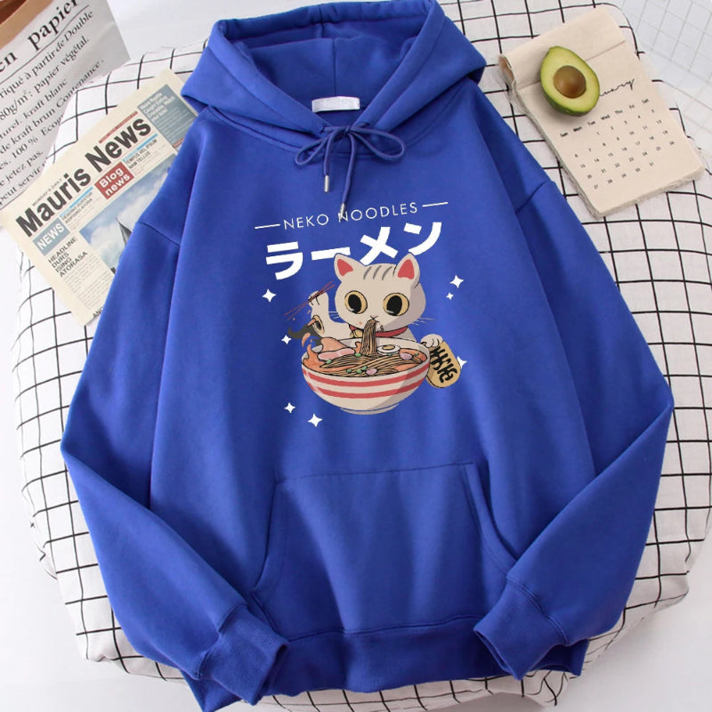 【薄手・裏起毛から選べる】キャラクター アニメ風 トップス ラーメン猫 ユニセックス 長袖 パーカー