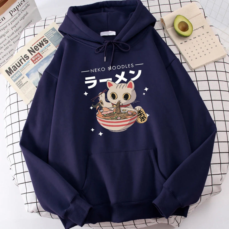 【薄手・裏起毛から選べる】キャラクター アニメ風 トップス ラーメン猫 ユニセックス 長袖 パーカー