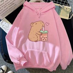 【薄手・裏起毛から選べる】キャラクター アニメ風 トップス カピバラバブルティー ユニセックス 長袖 パーカー