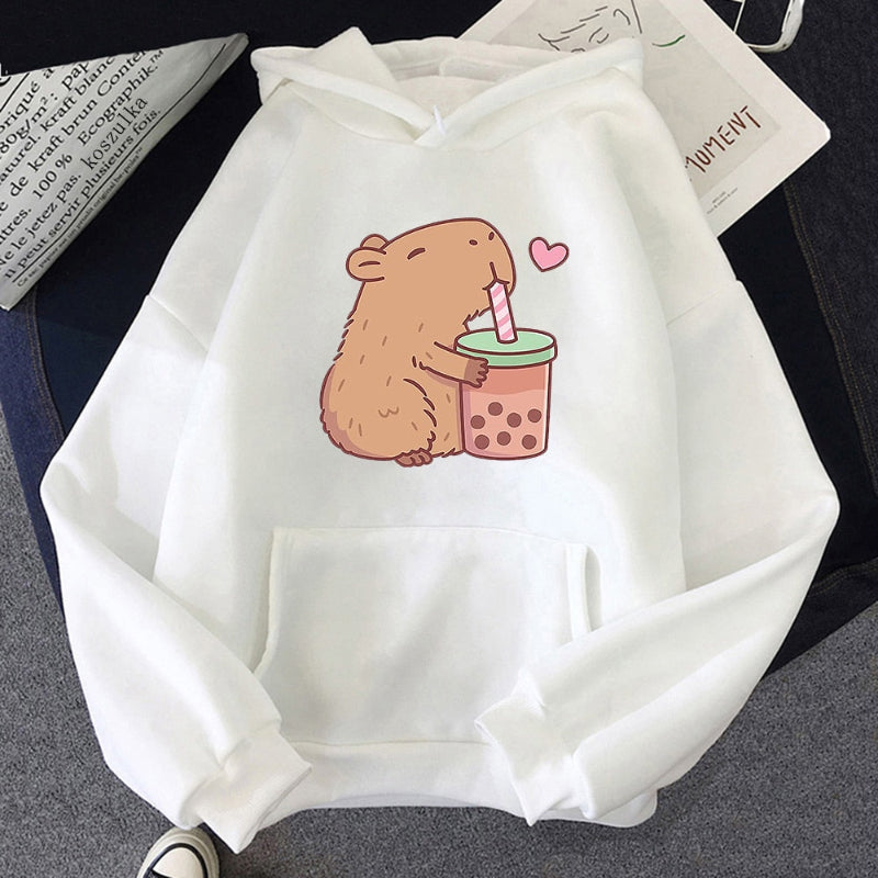 【薄手・裏起毛から選べる】キャラクター アニメ風 トップス カピバラバブルティー ユニセックス 長袖 パーカー