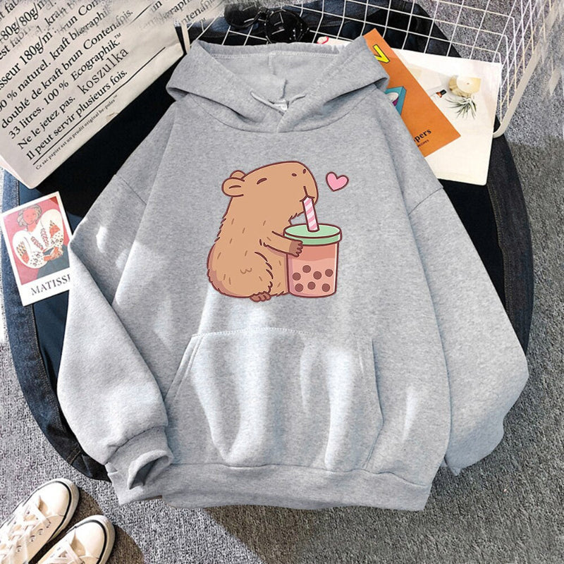 【薄手・裏起毛から選べる】キャラクター アニメ風 トップス カピバラバブルティー ユニセックス 長袖 パーカー