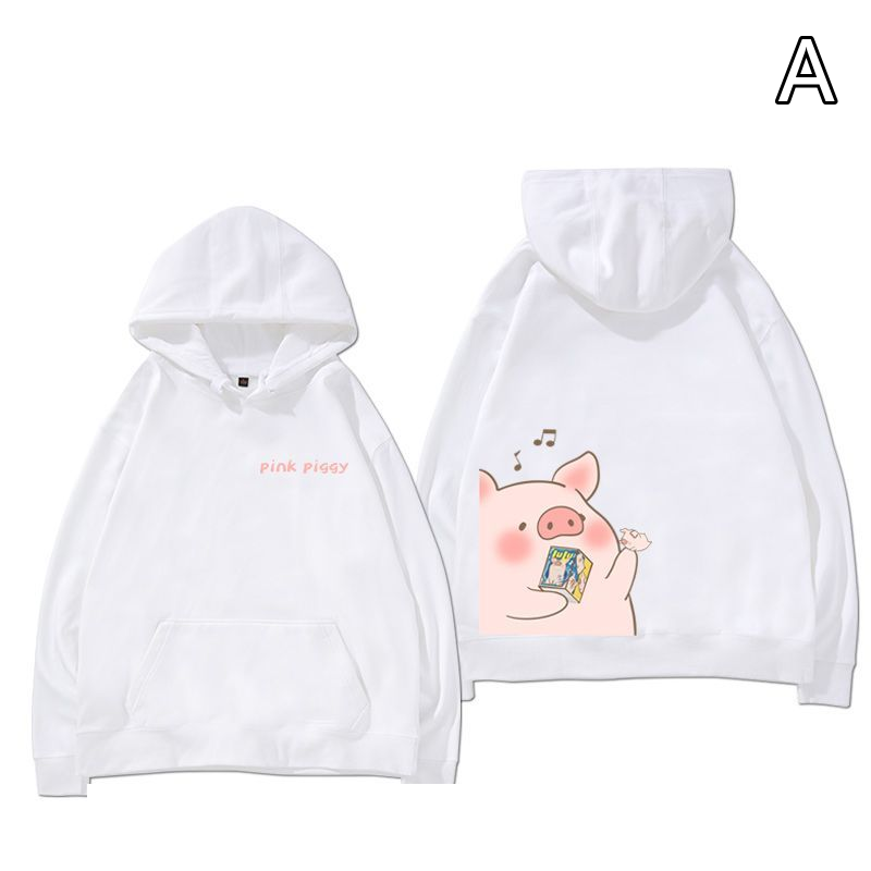 【裏起毛仕様】キャラクター アニメ風 トップス ピンクのブタ グラフィック ユニセックス 長袖 パーカー