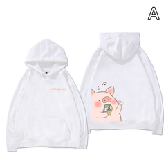 【裏起毛仕様】キャラクター アニメ風 トップス ピンクのブタ グラフィック ユニセックス 長袖 パーカー