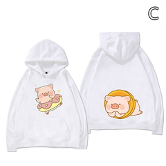 【裏起毛仕様】キャラクター アニメ風 トップス ピンクのブタ グラフィック ユニセックス 長袖 パーカー